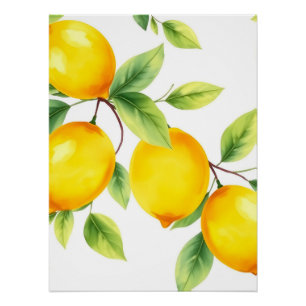 Poster Citrons d'aquarelle avec Feuilles verts