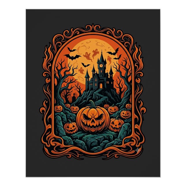 Poster Citrouille d'Halloween Maison Hantée Pleine Lune C (Devant)