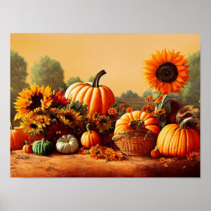 Poster Citrouille et tournesols d'automne