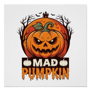 Poster Citrouille Folle Halloween Dessin de Gravure Vinta