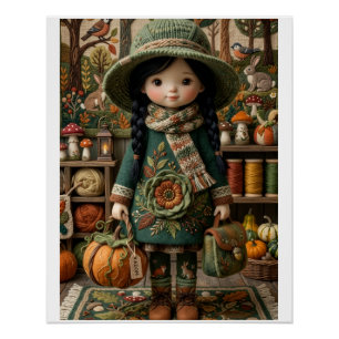 Poster Citrouilles de fille verte d'automne Récolte Fleec
