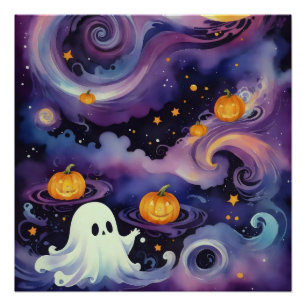Poster Citrouilles d'Halloween et fantôme étoilé