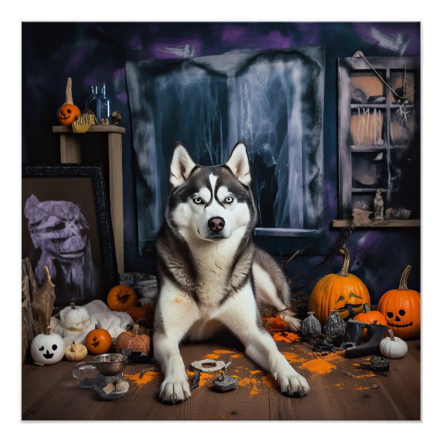 Poster Citrouilles Épouvantables Halloween Husky Sibérien (Devant)