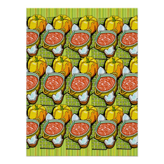 Poster Citrouilles, Soupe et Fond Rayé Brillant (Devant)