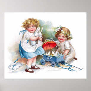 Poster Clapsaddle : Les filles jouent avec des lapins
