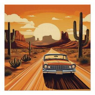 Poster Classic Car Desert Sunset - Vintage Road Trip Art