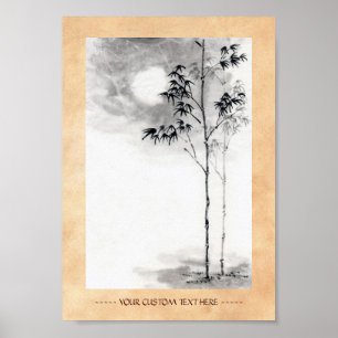 Poster Classic  japanese sumi-e painting art bamboo moon