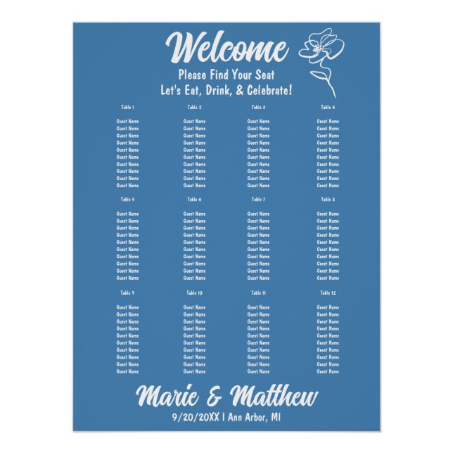 Poster Classic Steel Blue Floral Mariage Chart (Devant)