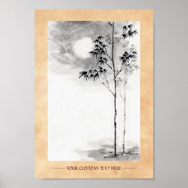 Poster classique japonais sumi-e peinture art bambou lune (Devant)