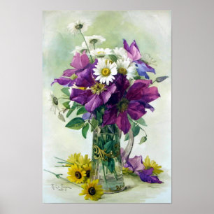 Poster Clematis violet et marguerites blanches Imprimer