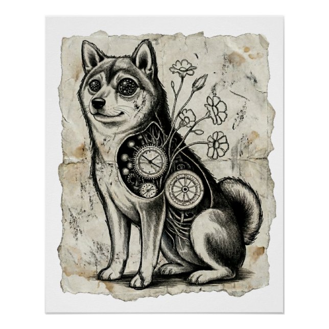 Poster Clockwork Shiba – Gothic Overthinking Dog Art (Devant)