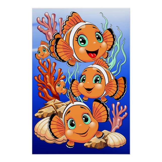 Poster Clown fish Cartoon cute Family Underwater (Devant)