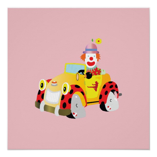 Poster clown joyeux conduit une voiture jaune lunatique (Devant)