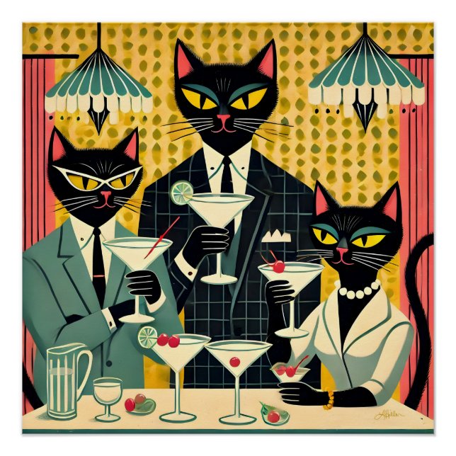 Poster Club de martini au chat noir rétro-futuriste (Devant)