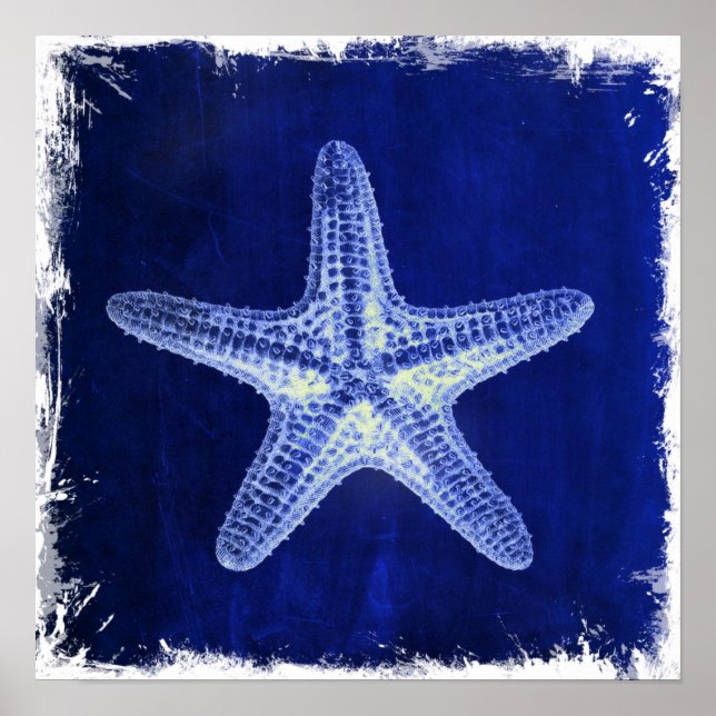 Poster coastal chic beach rustic nautical blue starfish (Devant)