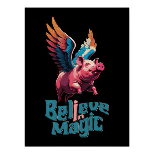 Poster Cochon mignon avec ailes colorées Croire en la m
