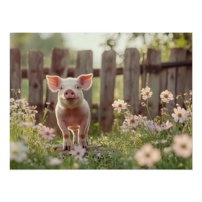 Poster Cochon mignon dans le jardin fleuri (Devant)