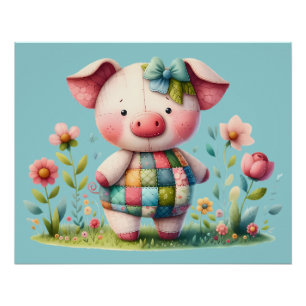 Poster Cochon Patchwork Fantaisiste dans un Jardin Floral