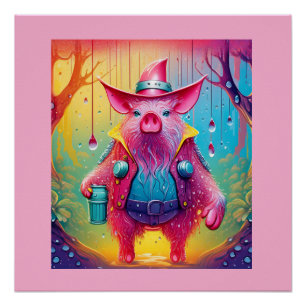 Poster Cochon Rose Le Cowboy