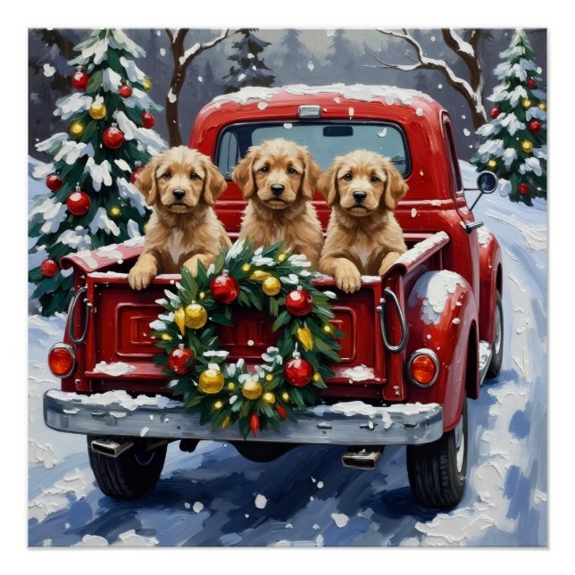 Poster Cockapoo camion rouge de Noël vacances (Devant)