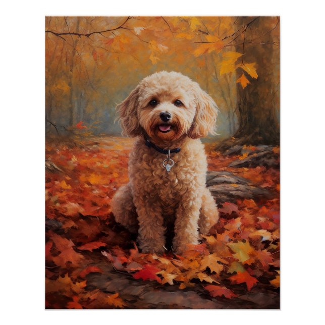 Poster Cockapoo dans les feuilles d'automne qui tombent i (Devant)