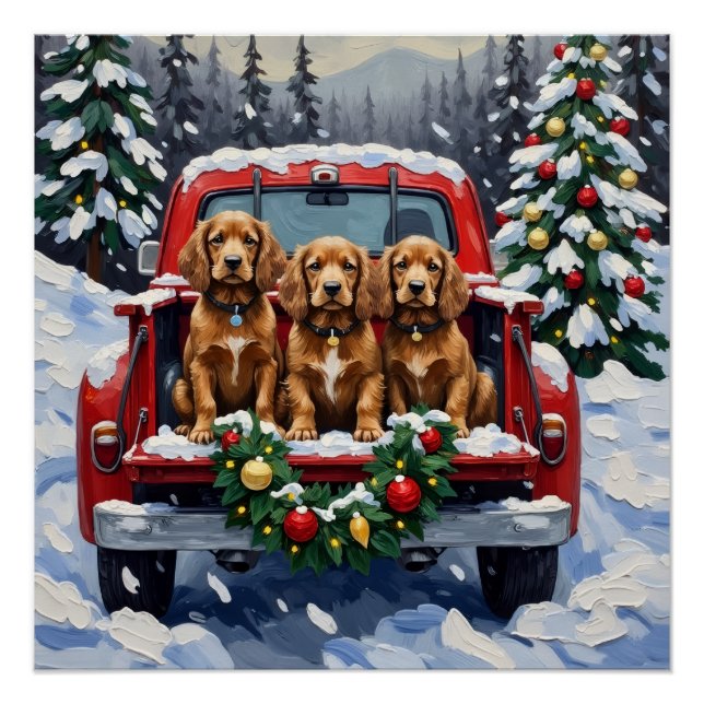 Poster Cocker Spaniel Noël Camion Rouge Fêtes  (Devant)