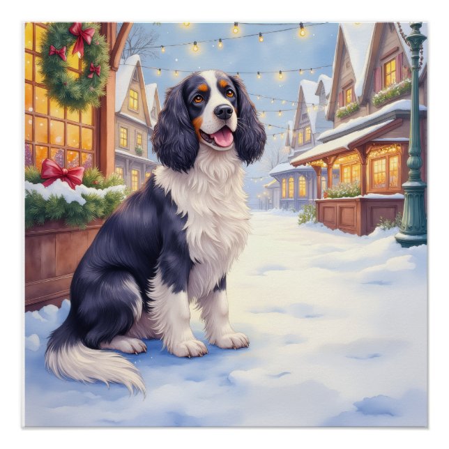 Poster Cocker Spaniel Village enneigé Noël Art (Devant)