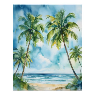 Poster Cocotiers aquarelle papier peint art arrière - pla