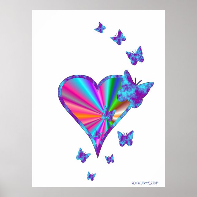 Poster Coeur arc-en-ciel et papillon (Devant)
