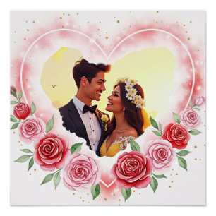 Poster Coeur d'aquarelle romantique avec étincelles d'or