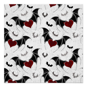 Poster Coeur d'Halloween avec ailes de chauve-souris noir