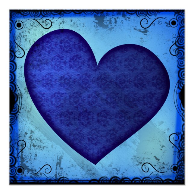 Poster Cœur Paisley Bleu Grunge (Devant)
