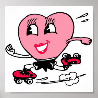Poster Coeur rose sur patins à rouleaux