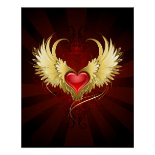Poster Coeur rouge avec ailes d'or
