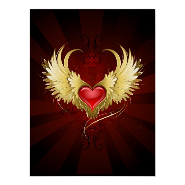 Poster Coeur rouge avec ailes d'or (Devant)
