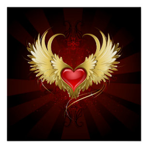 Poster Coeur rouge avec ailes d'or
