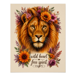 Poster Cœur Sauvage Esprit Libre Art Boho Floral Lion