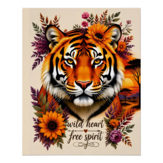 Poster Cœur Sauvage Esprit Libre Boho Floral Art au Tigre