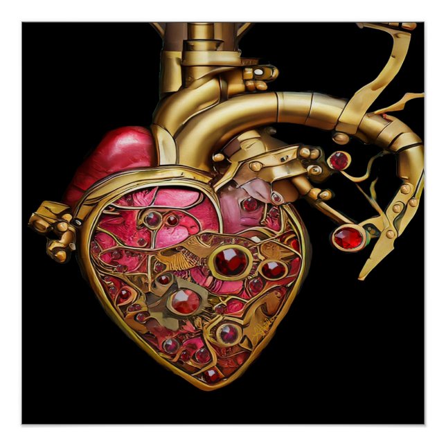 Poster Cœur Steampunk Rubis et Engrenages Anatomiques (Devant)