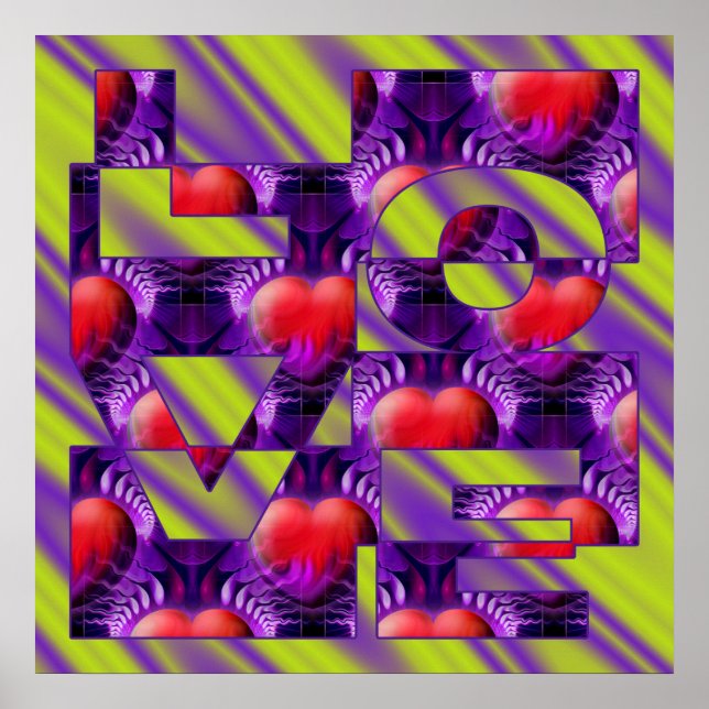 Poster Coeurs d'AMOUR - ondes violet vert clair (Devant)