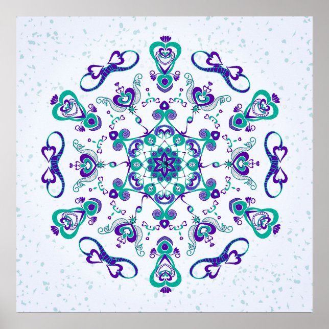 Poster Coeurs et oiseaux turquoise et violette Imprimer (Devant)