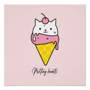 Poster Coeurs fondus - Chat à la crème glacée d'été