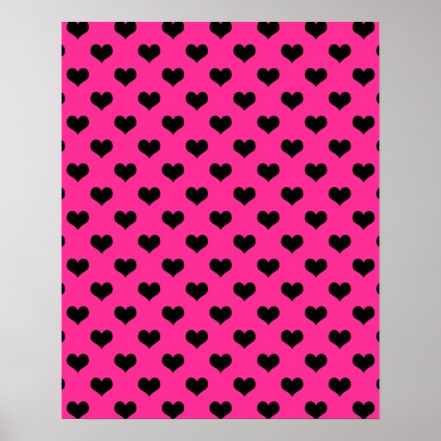 Poster Coeurs noirs Arrière - plan rose chaud Polka Dot H (Devant)