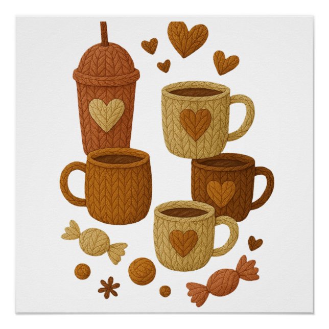 Poster Coffee Valentine Day Love Knitted Hearts Hugs (Devant)