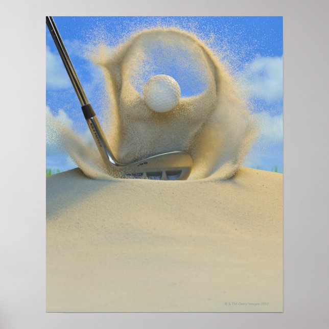 Poster coin de sable frappant une balle de golf sur un sa (Devant)