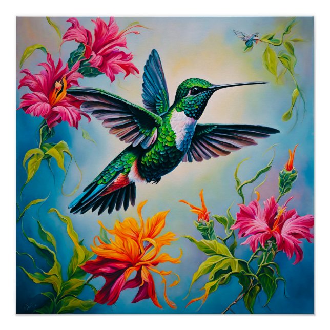 Poster Colibri de couleur vif avec fleurs (Devant)