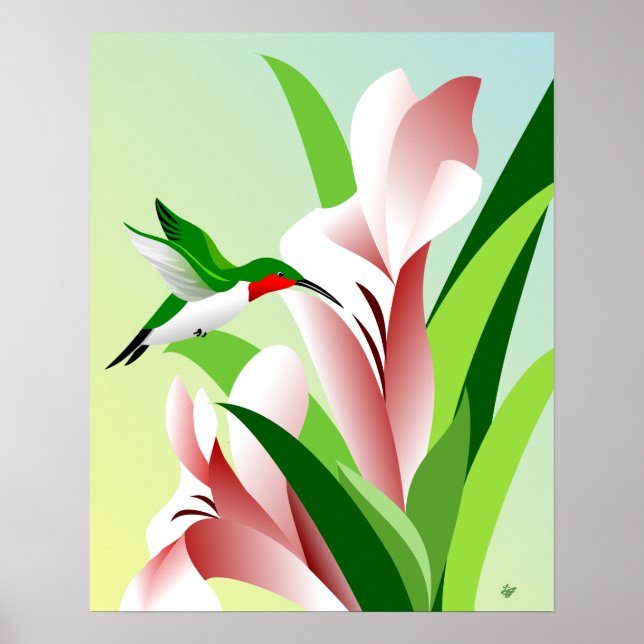 Poster Colibri masculin Throated rouge de vol (Devant)