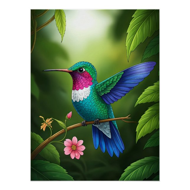 Poster Colibri vibrant parmi les feuilles (Devant)