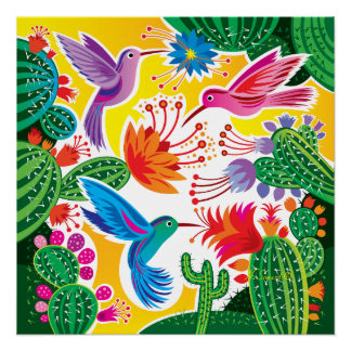Poster Colibris et cactus en fleurs