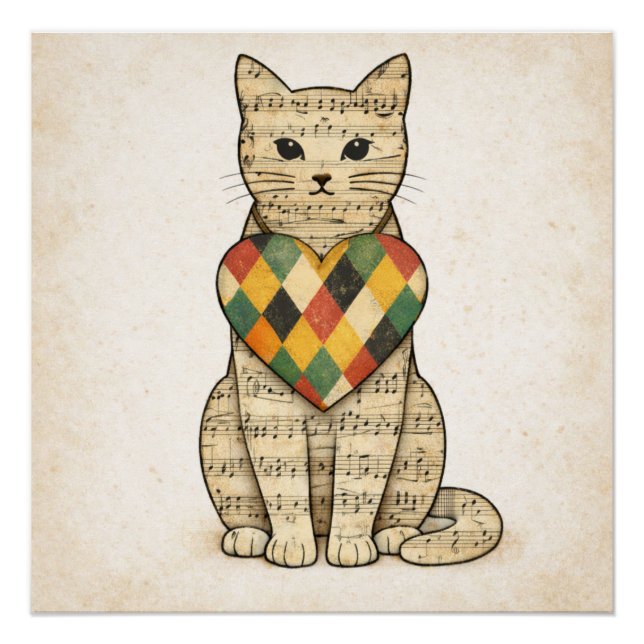Poster Collage de chat musical avec cœur d'Arlequin (Devant)